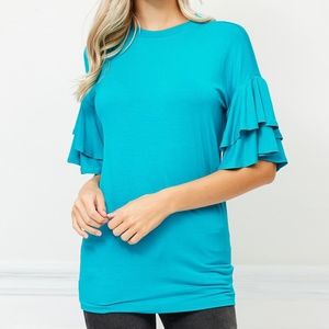 "ROUND NECK RUFFLE SLEEVE TOP"